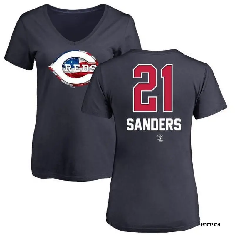 Women's Cincinnati Reds ＃21 Reggie Sanders Navy Branded Name and Number Banner Wave V-Neck T-Shirt