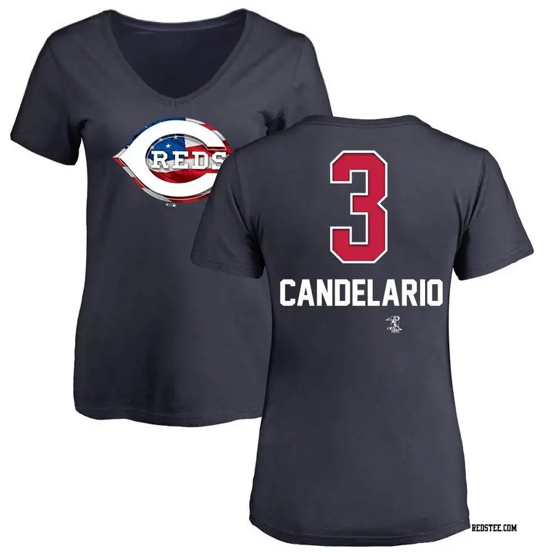 Women's Cincinnati Reds ＃3 Jeimer Candelario Navy Name and Number Banner Wave V-Neck T-Shirt