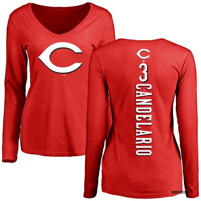 Women's Cincinnati Reds ＃3 Jeimer Candelario Red Backer Slim Fit Long Sleeve T-Shirt